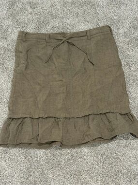 Ruffle-Hem Midi Olive Brown 100% Linen & Cotton Skirt